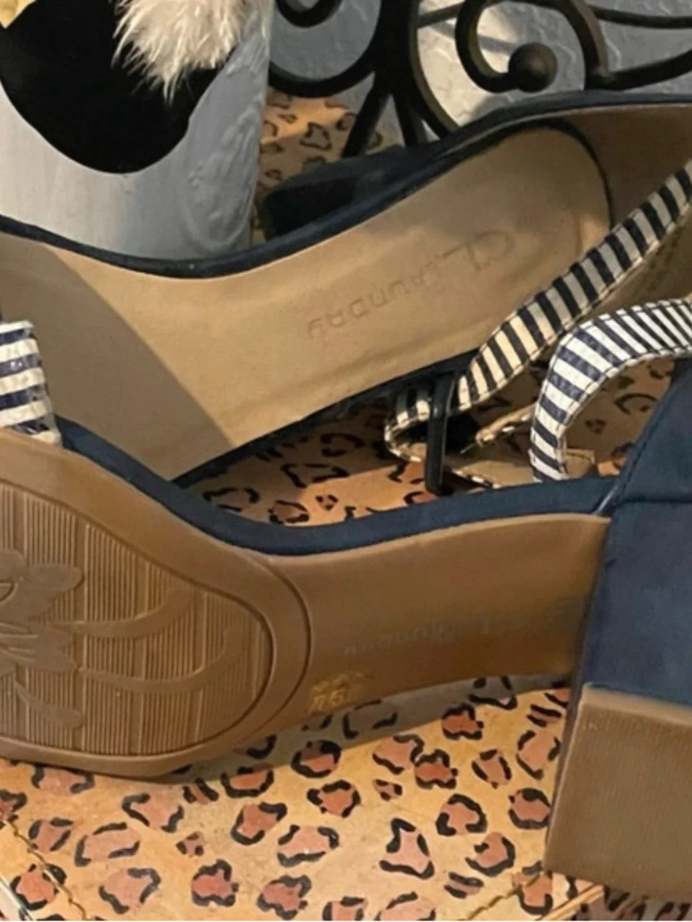 CL by Laundry Navy and White Striped Ankle Strap Block Heel Sandals